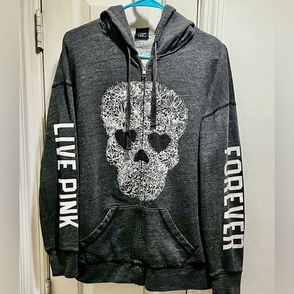 Pink VS RARE Live Pink Forever skull head💀 with studs sweatshirt with hoodie - Picture 1 of 16